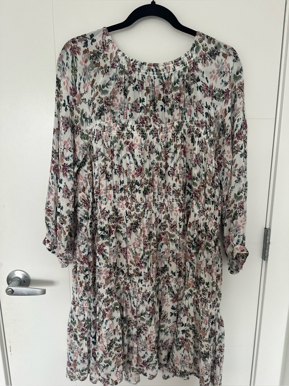 Indi & Cold Boho Floral Smocked Tiered Tunic Dress in Blush and Olive